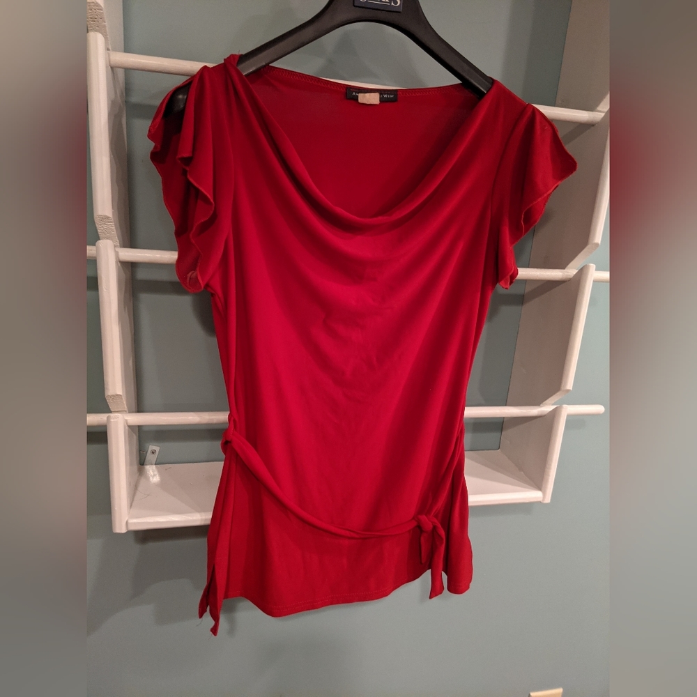 American city wear Burgundy Red Cowl Neck Belted Tunic short sleeve top sz M